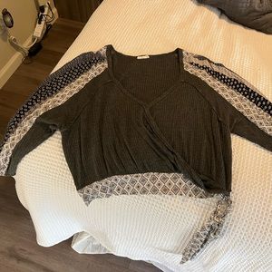 Charcoal Grey Long Sleeve Blouse with Black and White Paisley Sleeves